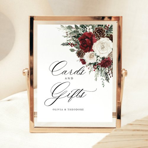 Burgundy Winter Floral Cards &amp; Gifts Wedding Table Pedestal Sign