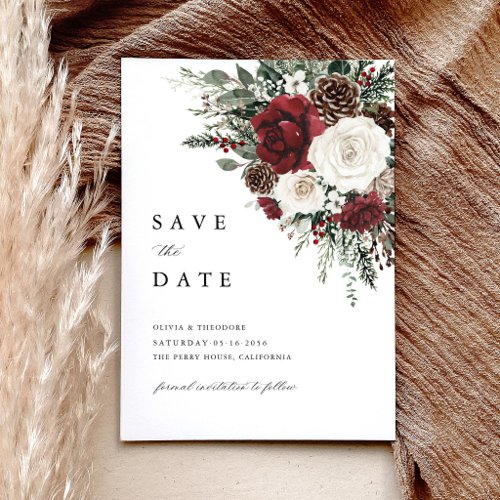 Burgundy Winter Floral Elegant Wedding Save The Date