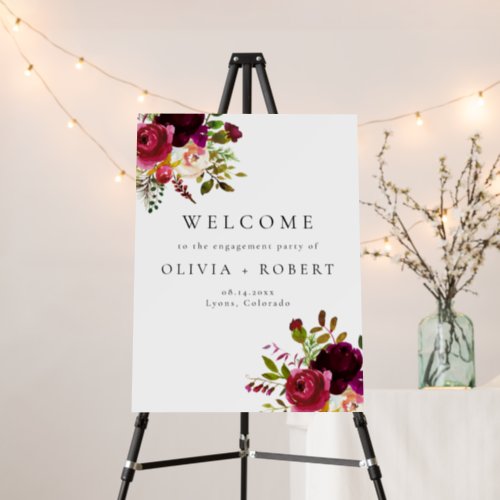 Burgundy Winter Floral Engagement Party Welcome Foam Board