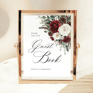 Burgundy Winter Floral Guest Book Wedding Table Pedestal Sign