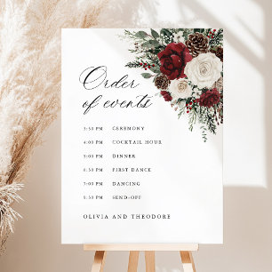 Burgundy Winter Floral Order of Events Sign