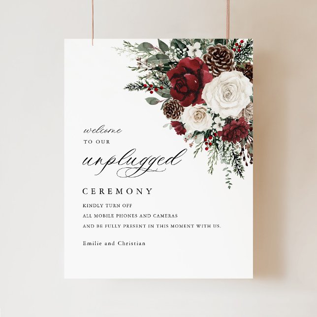 Burgundy Winter Floral Unplugged Ceremony Sign (burgundy winter unplugged ceremony wedding sign, elegant floral roses pinecone ceremony signage)