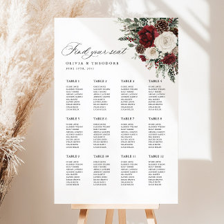 Burgundy Winter Floral Wedding Seating Chart Sign