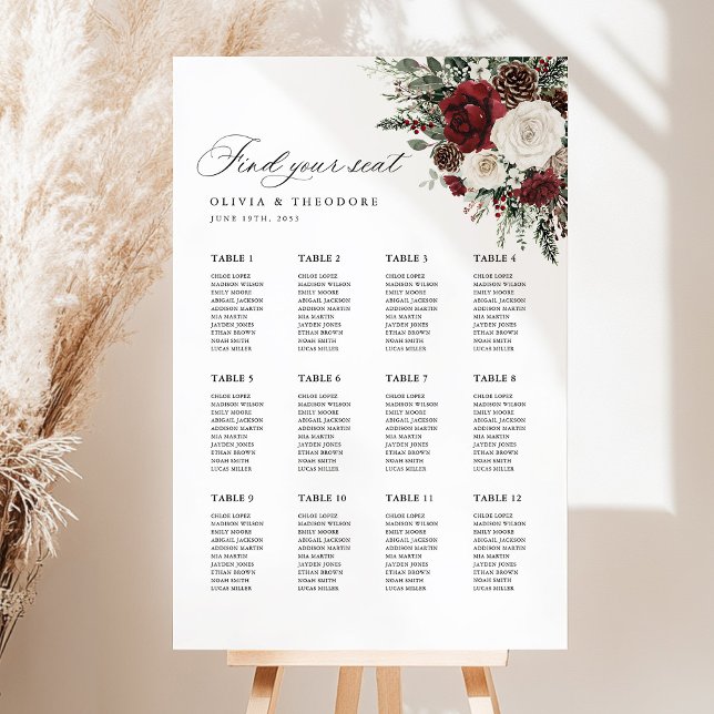 Burgundy Winter Floral Wedding Seating Chart Sign (burgundy winter floral wedding seating chart sign, roses pinecone seating plan reception decor)