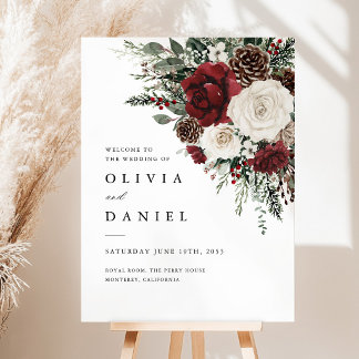 Burgundy Winter Floral Welcome Wedding Sign