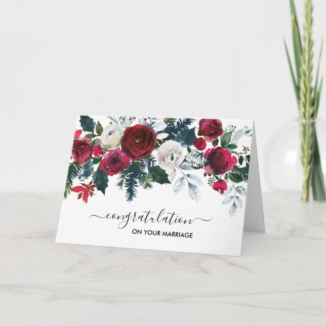 Burgundy Winter Flowers Congratulation Card (Front)
