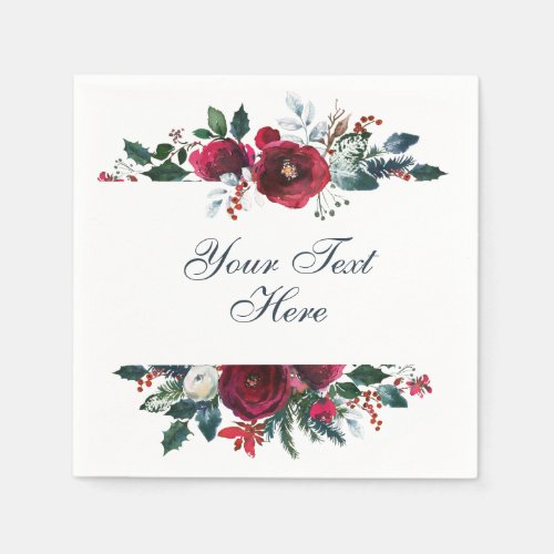 Burgundy Winter Roses Foliage Custom Party Napkins