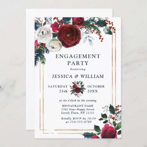 Burgundy Winter Roses Foliage ENGAGEMENT PARTY Invitation