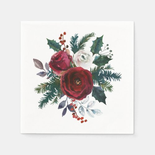 Burgundy Winter Roses Foliage Watercolor  Party Napkins