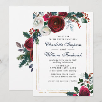 Burgundy Winter Roses Foliage Watercolor Wedding Invitation