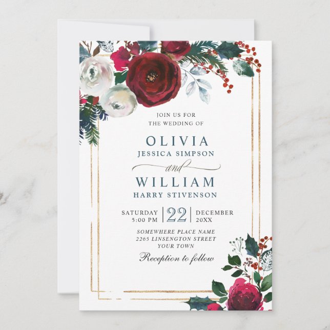 Burgundy Winter Roses Foliage Watercolor Wedding Invitation (Front)