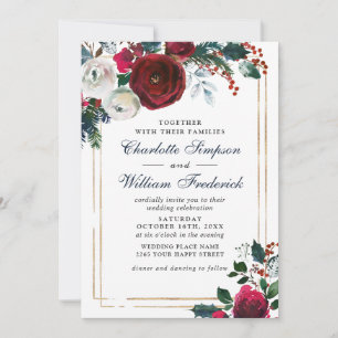 Burgundy Winter Roses Foliage Watercolor Wedding Invitation