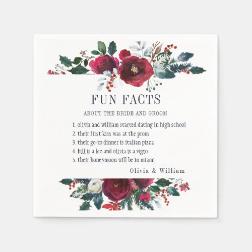 Burgundy Winter Roses Foliage Wedding Fun Facts Napkins