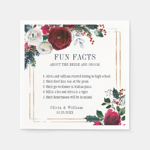 Burgundy Winter Roses Foliage Wedding Fun Facts Napkins