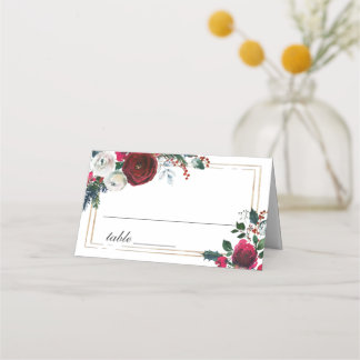 Burgundy Winter Roses Foliage Wedding Table Place Card