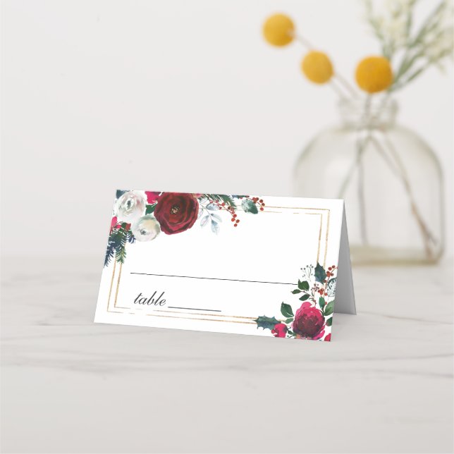 Burgundy Winter Roses Foliage Wedding Table Place Card (Front)