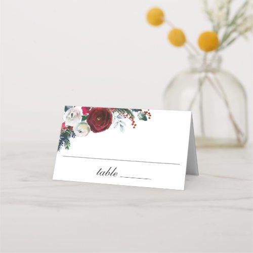 Burgundy Winter Roses Foliage Wedding Table Place Card