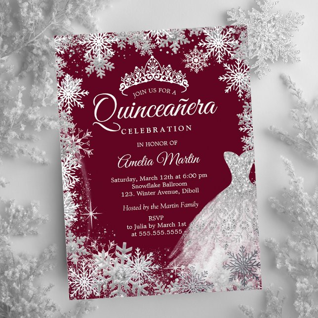 Burgundy Winter Snowflake Dress Quinceanera Foil Invitation (Creator Uploaded)