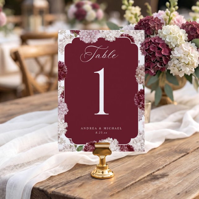 Burgundy Winter Wedding Hydrangea Table Numbers (Burgundy hydrangea wedding table number with white border and vintage floral design)