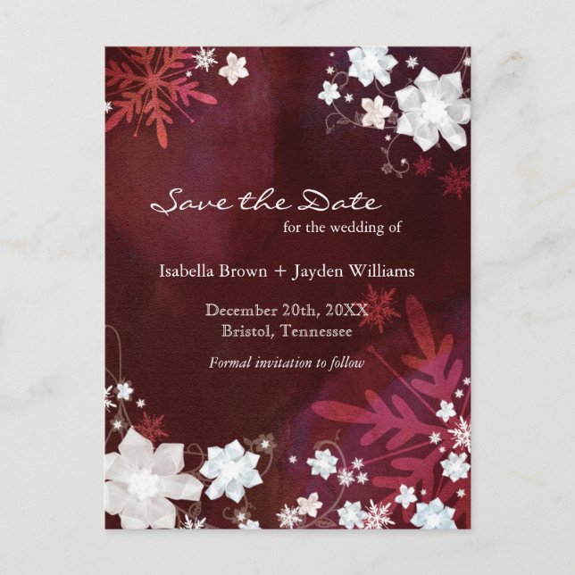 Burgundy Winter Wedding Save the Date Announcement Postcard (Front)