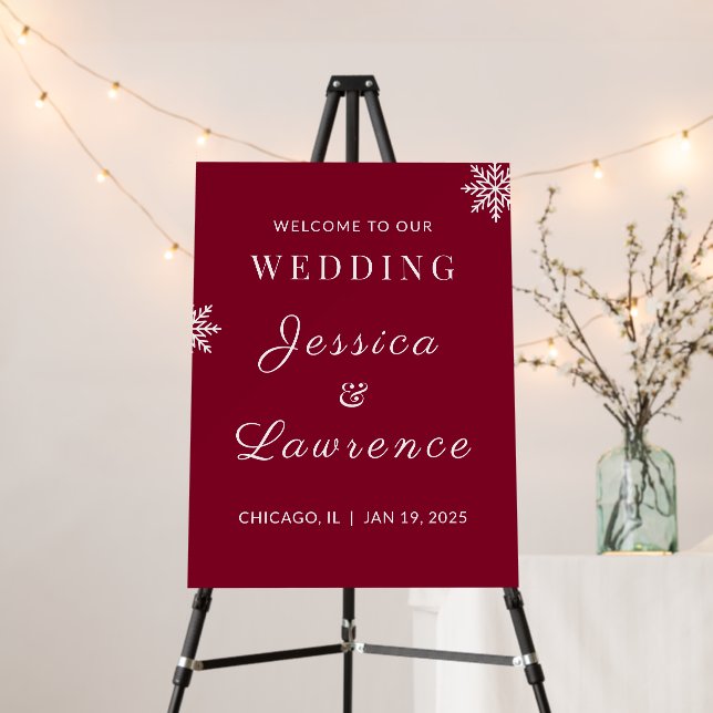 Burgundy Winter Wedding Welcome Sign (In Situ (Stand))