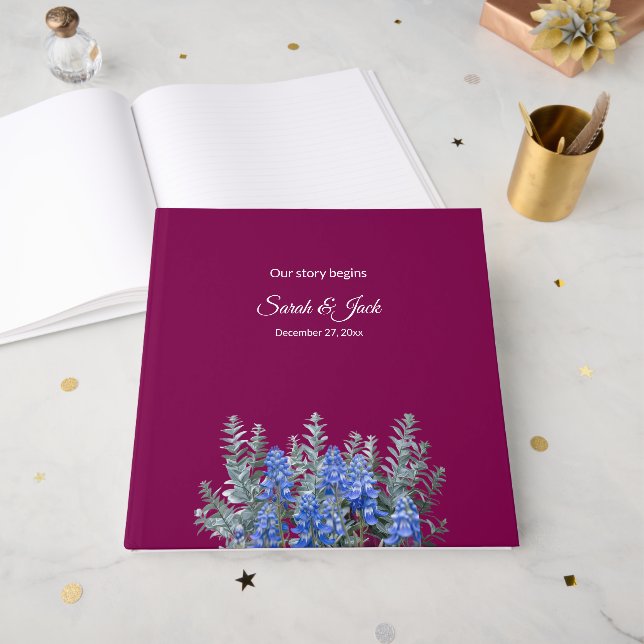 Burgundy Winter Wedding with Bluebonnet Guest Book (Front Open)