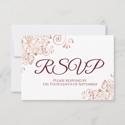 Burgundy with Elegant Rose Gold Lace Wedding RSVP Card