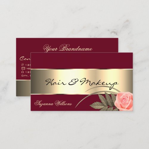 Burgundy with Gold Decor and Cute Rose Flower Business Card
