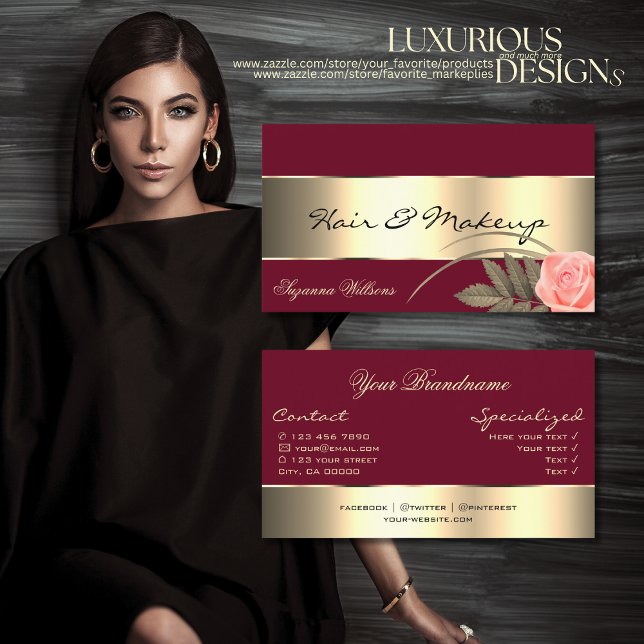 Burgundy with Gold Decor and Cute Rose Flower Business Card (Creator Uploaded)