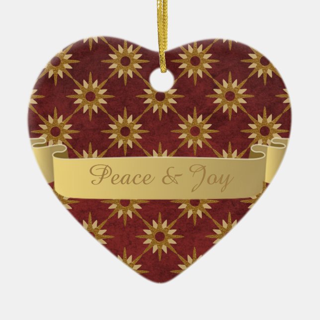 Burgundy with Gold Stars Pattern Ceramic Ornament (Front)