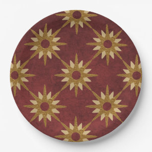 Burgundy with Gold Stars Pattern Paper Plates