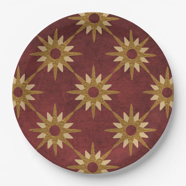 Burgundy with Gold Stars Pattern Paper Plates (Front)