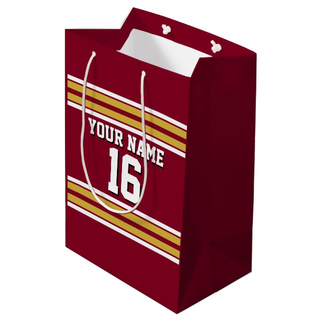 Burgundy with Gold White Stripes Team Jersey Medium Gift Bag (Back Angled)