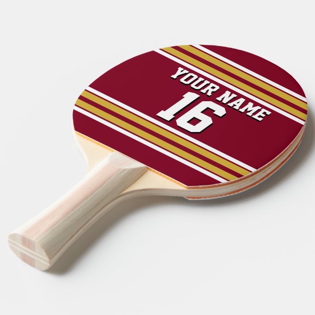 Burgundy with Gold White Stripes Team Jersey Ping Pong Paddle (Front Angle)