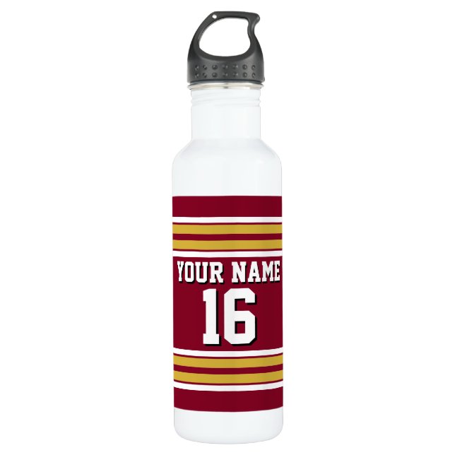 Burgundy with Gold White Stripes Team Jersey Water Bottle (Front)