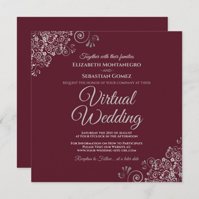 Burgundy with Lacy Silver Elegant Virtual Wedding Invitation (Front/Back)