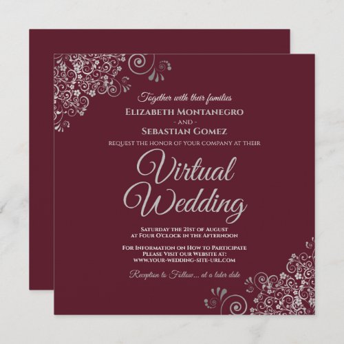 Burgundy with Lacy Silver Elegant Virtual Wedding Invitation