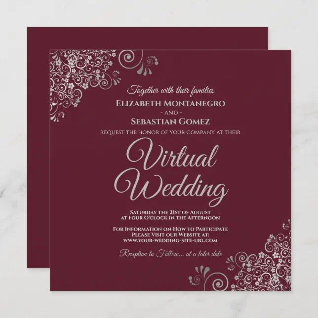 Burgundy with Lacy Silver Elegant Virtual Wedding Invitation | Zazzle