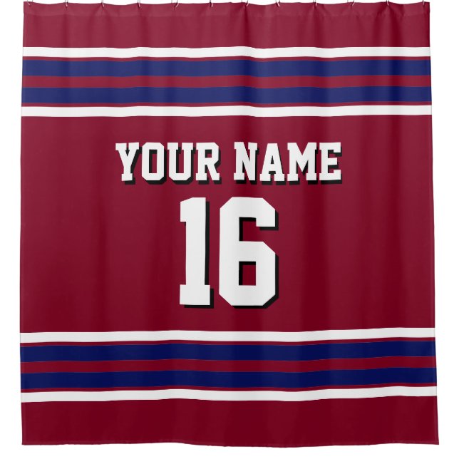 Burgundy with Navy White Stripes Sports Jersey Shower Curtain (Front)