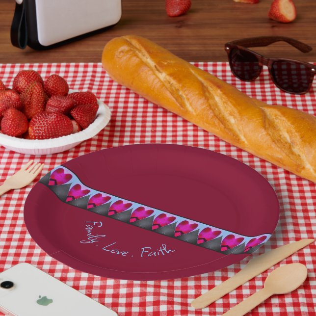 Burgundy With Pink Heart Pattern Paper Plates (Picnic)