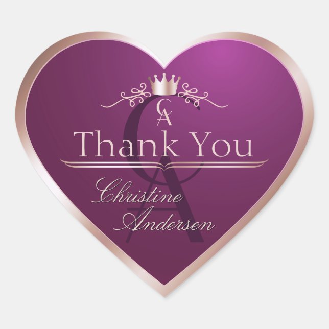Burgundy with Rose Gold Frame Monogram Thank You Heart Sticker (Front)