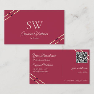 Burgundy with Rose Gold Lines Monogram QR Code Business Card