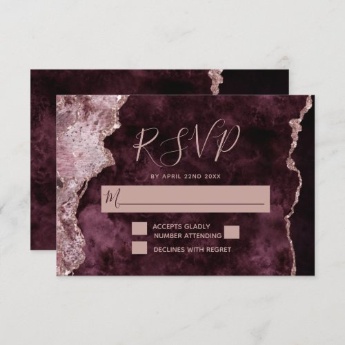 Burgundy with Rose Gold Marbled Agate Wedding RSVP Card