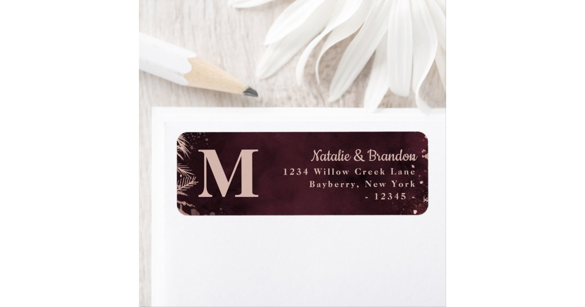 Burgundy with Rose Gold Monogram Return Address Label | Zazzle