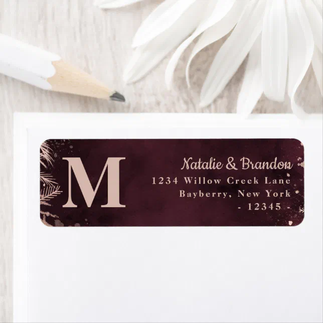 Burgundy with Rose Gold Monogram Return Address Label | Zazzle