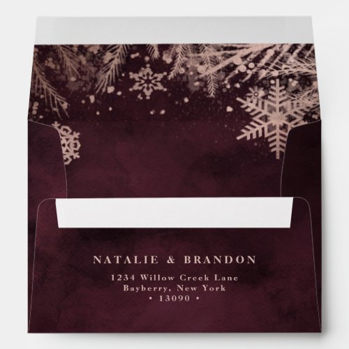 Burgundy with Rose Gold Snowflakes 5x7 Wedding Envelope