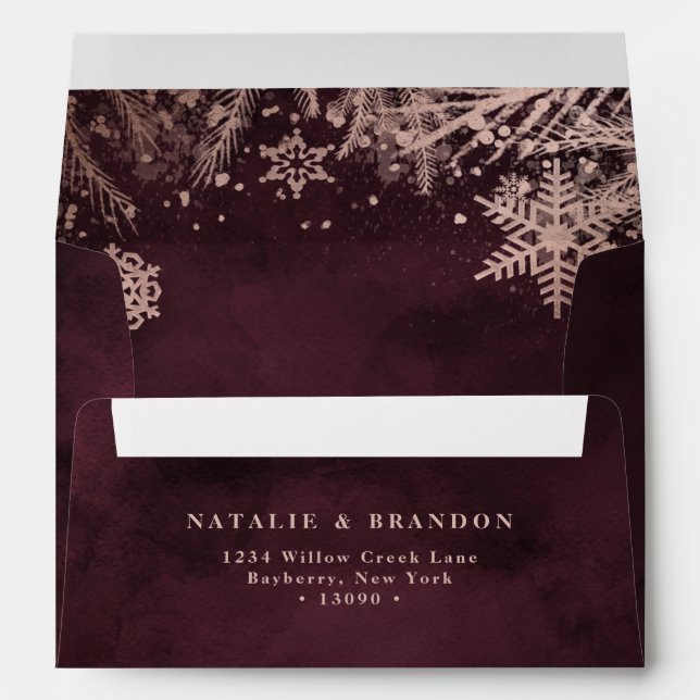 Burgundy with Rose Gold Snowflakes 5x7 Wedding Envelope (Back (Bottom))