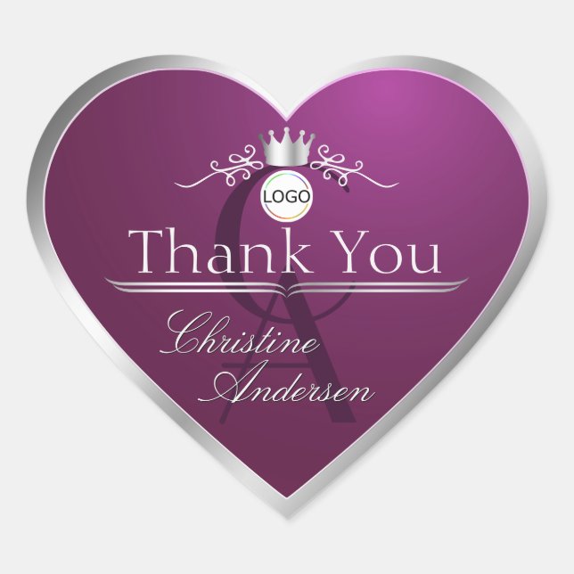 Burgundy with Silver Frame Logo Monogram Thank You Heart Sticker (Front)