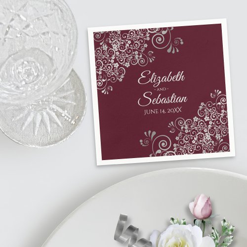 Burgundy with Silver Frills Elegant Wedding Napkins