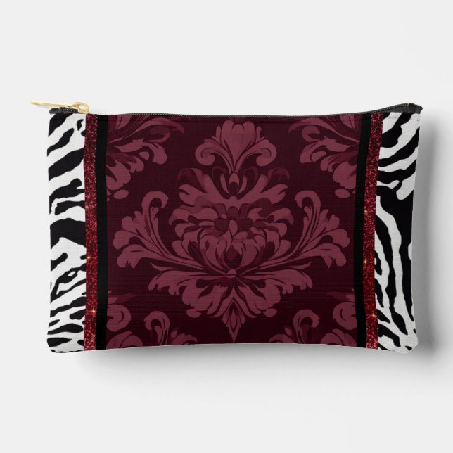 Burgundy with zebra faux sparkles accessory pouch (Front)
